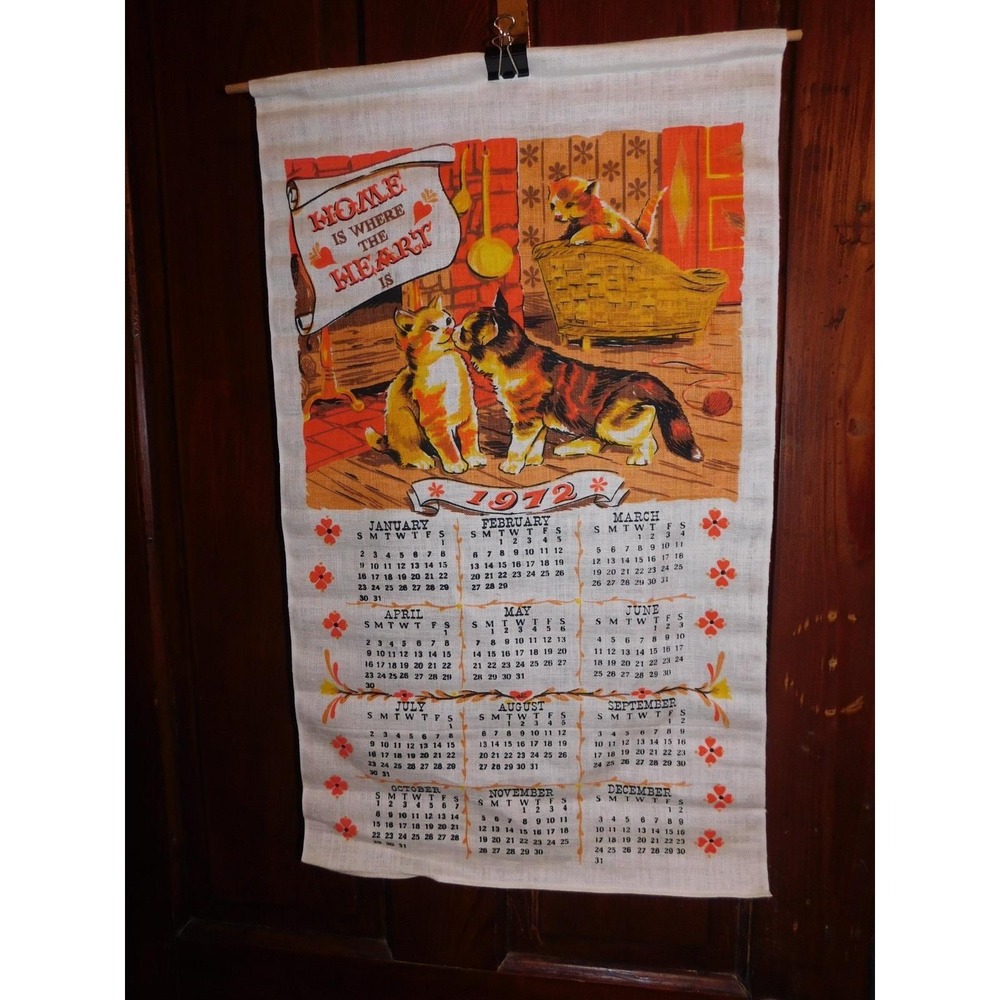 Vintage 1972  Linen Calendar Tea Towel Cats